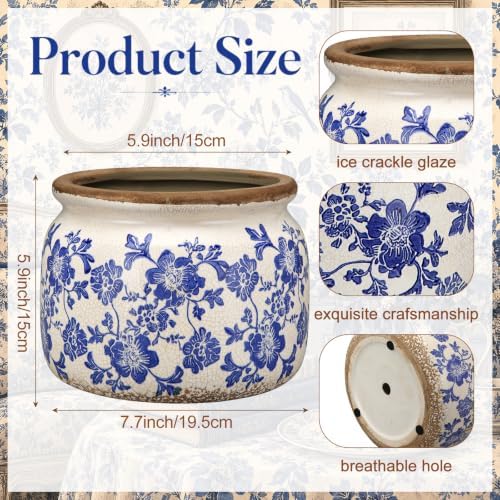 7.7" Large Ceramic Plant Pot Beige Blue Chinoiserie Floral Crackle Glaze Rustic Flowers Pot Decorative Planter with Drainage for Indoor Outdoor Plants Home Kitchen Office Decor Gift - Image 2