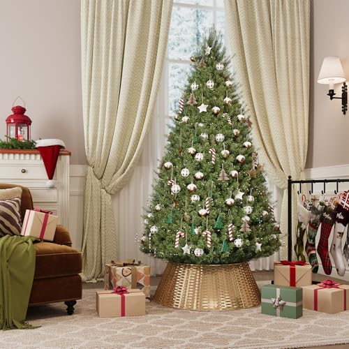 ELYKEN Gold Christmas Tree Collar, 28 Inch Woven Xmas Tree Skirt for 7.5 ft Trees, Stylish Rustic Basket for Tree Base Cover with Cord Cut-Out for Pencil Trees, Easy Assembly - Image 2