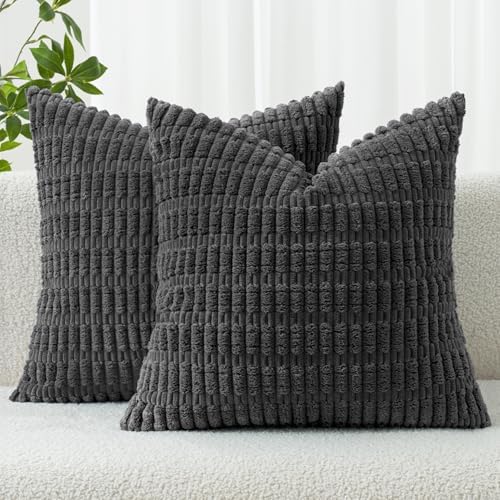 MIULEE Pack of 2 Corduroy Decorative Throw Pillow Covers 24x24 Inch Soft Boho Striped Pillow Covers Modern Farmhouse Home Decor for Sofa Living Room Couch Bed Dark Grey by MIULEE