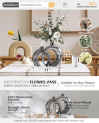 Set of 2 Silver Ceramic Vases for Home Decor Accents - Unique Hollow Donut Artistic Design Modern Contemporary Glam Style Decorative Vases for Shelf, Mantel, Entryway Table Decor (Matte Silver) - Image 2