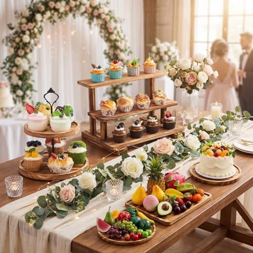 Roowest Set of 6 Rustic Wood Dessert Table Display Set - Cake Stands, Tiered Cupcake Tower & Serving Trays for Wedding, Baby Shower, Tea Party - Image 2
