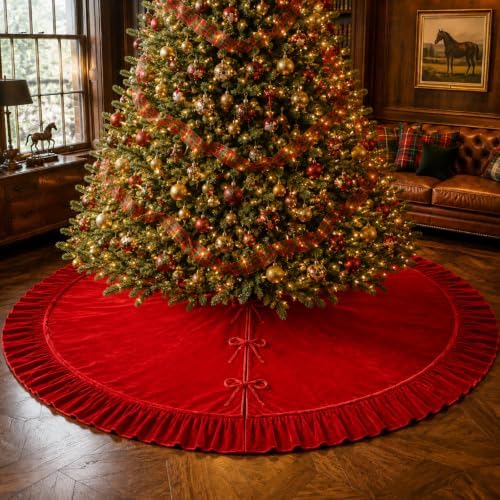 72 Inch Velvet Christmas Tree Skirt Vintage Red Tree Skirt by Motionchic