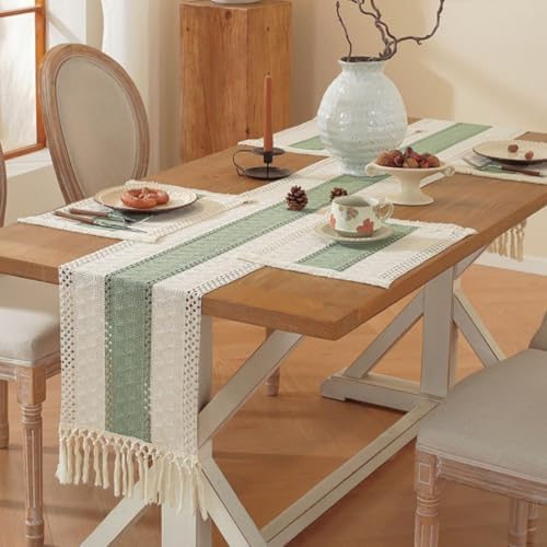 Niviy Sage Green Table Runner 120 Inches Long with Tassels, Seasonal Spring Summer Washable Embroidered Striped Braided Green and Beige Boho Table Runners for Holiday Party 12 x 120 Inches - Image 4