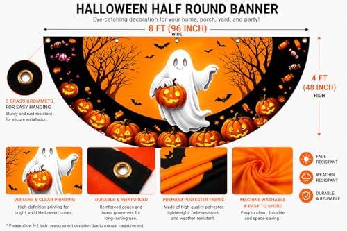 Halloween Half fan Banner Decorative Flag, Ghost Pumpkin Halloween Porch Sign, 100D Polyester Fabric, Fade Resistant, Stain Resistant, Foldable Seasonal Hanging Decor for Front Door, Wall, Window, Indoor Outdoor Party Decoration (4X8FT 1-Pack) - Image 2