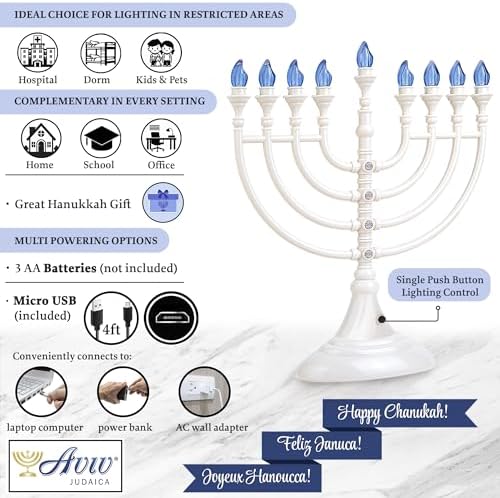 Traditional Hanukkah LED Electric Menorah Powered by Battery or USB Chanukiah - 4' Micro USB Cable Included Electronic Chanukah Candles Minorah Lighted Hanukah Decorations (White) - Image 2