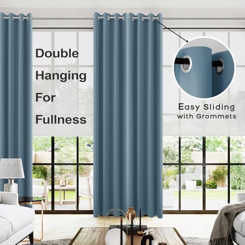 KOUFALL Blue Blackout Curtains 96 Inches Long for Living Room,Grommet Thermal Room Darkening Curtain for Bedroom 96 in Length 2 Panel Set,Dusty Grey Blue - Image 2