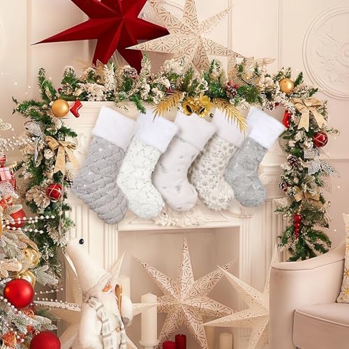 Amorita White Christmas Stockings Set of 5 - Lage Elegant Xmas Stockings with Silver Christmas Tree Snowflake Designs, Fluffy Grey and White Christmas Stockings for Holiday Party Decorations 20 inch - Image 2