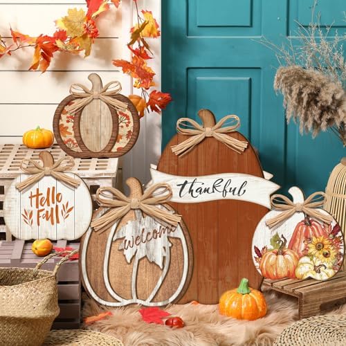 GlikCeil 5 Pcs Fall Pumpkin Signs Thankful Outdoor Thanksgiving Decor - Image 6