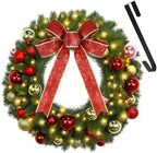 Juegoal 21 Inch Pre-Lit Christmas Wreath with Metal Hanger, Lighted Xmas Folded Wreath with 60 LED Lights, Red Bow and Colorful Balls, Battery Operated & Timer for Outdoor Home Window Wall Front Door by Juegoal