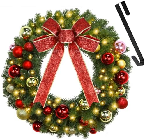 Juegoal 21 Inch Pre-Lit Christmas Wreath with Metal Hanger, Lighted Xmas Folded Wreath with 60 LED Lights, Red Bow and Colorful Balls, Battery Operated & Timer for Outdoor Home Window Wall Front Door by Juegoal