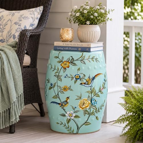 Lefedrasticity Ceramic Garden Stool Outdoor Decorative Garden Stools Hand-Painted Chinoiserie Decor Drum Stool for Garden Patio Backyard Balcony Living Room Bathroom (Gray, Pattern 4) - Image 2