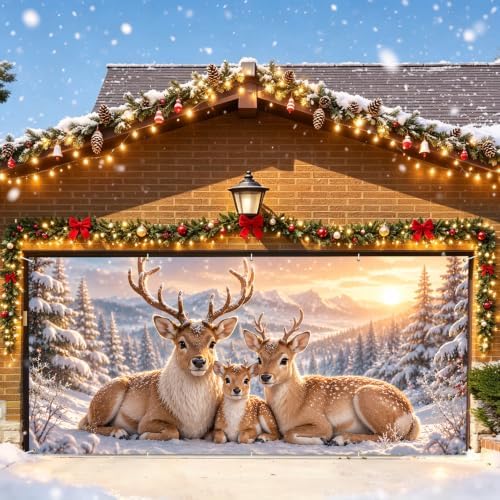 7x16FT Merry Chrismas Garage Door Banner Gingerbread Deer Snowman Santa Claus Winter Garage Door Cover Decoration for Chrismas Outdoor Decoration by FOREVERQUEEN