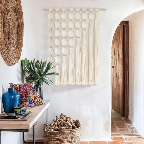 Jakalin Macrame Wall Hanging, Ivory Tassel Ball Boho Wall Decor, 27"x31" - Image 3