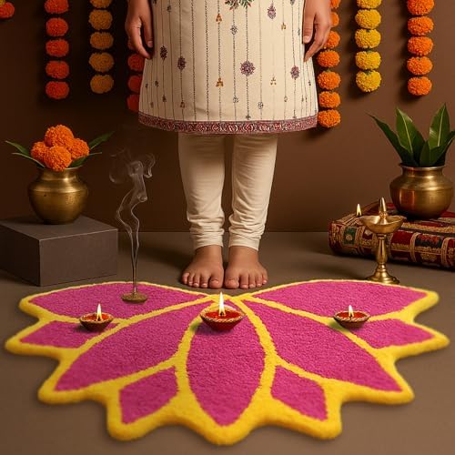 Drydiet 35in Diwali Decorations for Home Floral Rangoli Mat Indian Diwali Lotus Decor Pooja Floral Housewarming Floor Decor Rangoli Mat for Indian Traditional Pooja Festival New Year Entrance Gift - Image 2