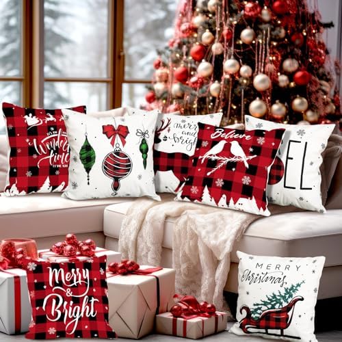 Ganeen 12 Pcs Christmas Pillow Covers Red and Black Buffalo Plaid 18 x 18'' Merry Christmas Throw Pillow Covers Farmhouse Cushion Pillow Case for Home Winter Holiday Couch Decor - Image 4