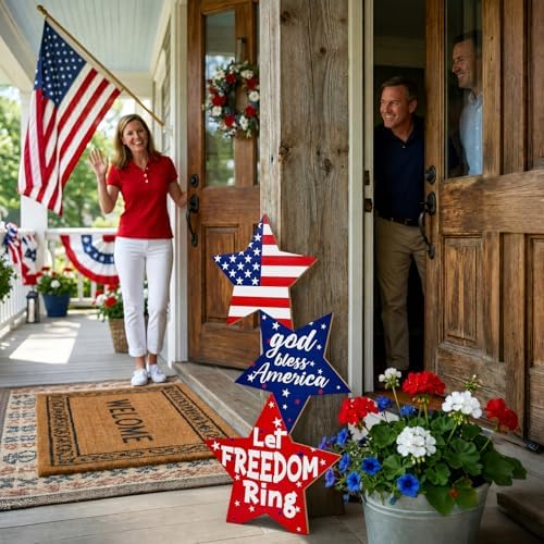 4th of July Large Wooden Star Porch Sign, Independence Day Standing Decoration God Bless America Star Shape Sign for Patriotic 250 Anniversary Red White Blue Outdoor Indoor Yard Front Door - Image 3