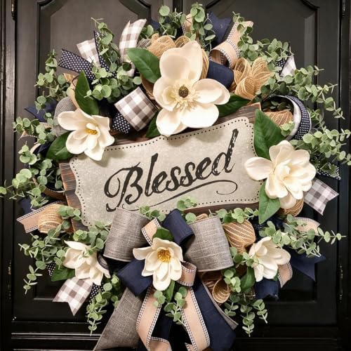Spring Summer Wreath for Front Door,Farmhouse White Floral Porch Decor by Vofuly