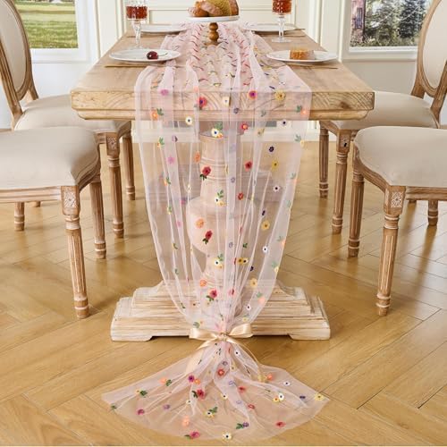 6PCS Pink Floral Table Runner 10 FT, Embroidery Daisy Table Runners Seasonal Spring Summer Sheer Tulle Dining Table Decor for Home Party Birthday Decor 29x120 Inch - Image 5