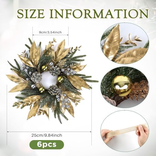6 Pcs 9 Inch Christmas Wreaths for Kitchen Cabinet Artificial Pine Hanging Cedar Wreath with Christmas Balls Golden Twigs and Silver Berries for Front Door Xmas Winter Farmhouse Home Decorations - Image 3