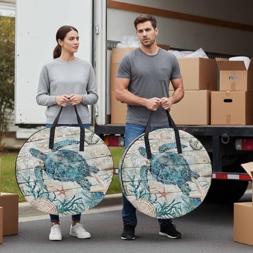 Ocean Turtle Round Storage Bag 24 Inch, Retro Coral Starfish Anchor Coastal Wood Clothes Storage Container with Handles Heavy Duty Organizer for Comforter, Bedding & Holiday Wreaths - Image 4