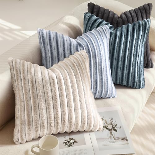 decorUhome Fall Faux Fur Throw Pillow Covers 26x26 Set of 2 Blue Grey - Image 4