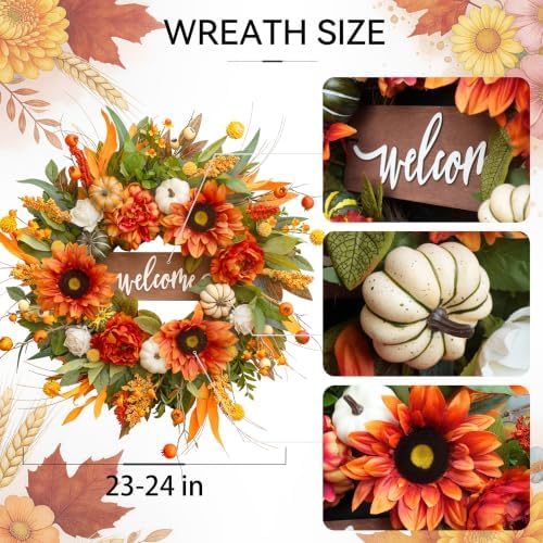 24 Inch Fall Wreaths for Front Door Outdoor, Autumn Wreath for Thanksgiving - Image 7