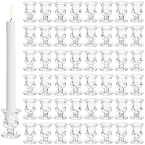 48 Pack Glass Taper Candle Holders Bulk, 2.3" Clear Mini Candlestick by Unknown