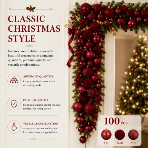 Hollowfly Burgundy 56 Pcs Velvet Christmas Balls Ornaments Set - Image 3