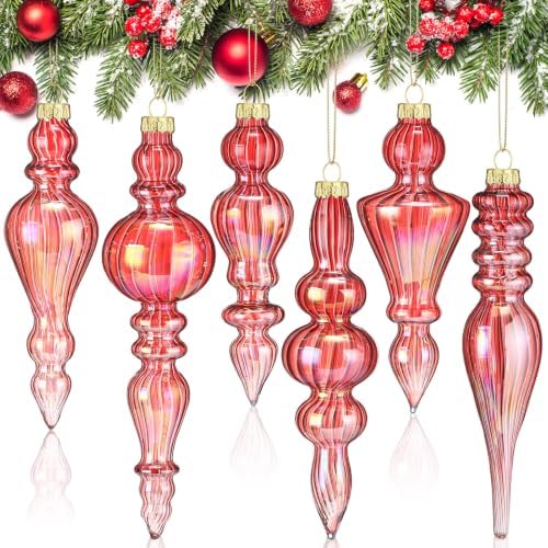 Soaoo 6 Pcs 6.3 in Iridescence Red Mercury Glass Finial Christmas Ornaments by Soaoo