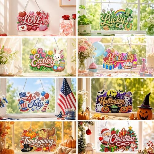 ARTopet 12Pcs Seasonal Holiday Diamond Art Hanging Pendant Kits for Adults Beginners Welcome Sign Wall Garden Home Decor Christmas Halloween DIY Craft Ornaments - Image 6