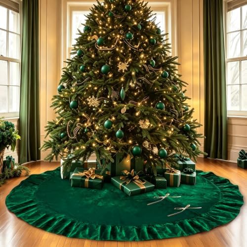 60 Inches Velvet Christmas Tree Skirt Decorations Green Luxury Xmas Fur Plush Skirts for Merry Christmas Party Rustic Vintage Holiday Home Winter by QIJISTORM