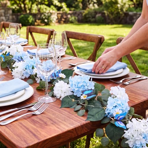 1 Pcs 6ft Artificial Hydrangea Floral Garland with Eucalyptus Leaves, Butterflies and Lights, Fake Flower Vines for Wedding Arch Wall Table Centerpiece Summer Party Decor(Blue and White) - Image 2