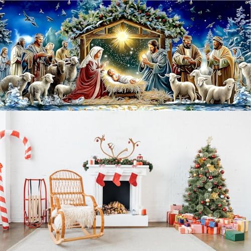 13x6Ft Religious Garage Door Banner - Nativity Scene with Holy Family, Shepherds and Animals in Stable Large Hanging Covers, Outdoor Inspirational Holiday Decor - Image 7