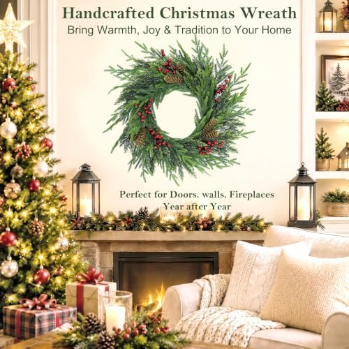 24 Inch Norfolk Pine Wreath for Front Door, Artificial Christmas Wreath - Image 7