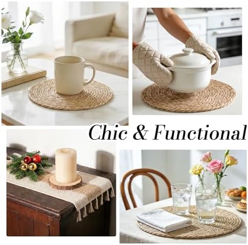 Placemats Set of 8 - Rattan Round Place Mats & 11.8” x 17” Cotton Braided Placemat for Dining Table Setting, Rustic Farmhouse Boho Wedding Decor, Wicker Woven Charger Dinner Plates, 16Pcs - Image 6