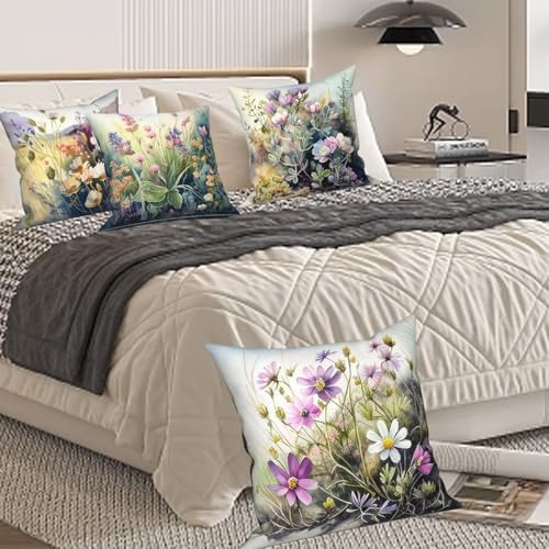 Wild Flower Throw Pillow Covers 22''x22'' Set of 4, Spring Blooming Floral Garden Pillowcases Colorful Printed Cushion Covers for Couch Sofa Home Bedroom Farmhouse Livingroom Patio Car - Image 3