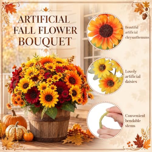Yinder 12 Bundles Fall Artificial Flowers Bouquet 6 Silk Sunflowers and 6 Faux Chamomile Flowers Orange Yellow Burgundy Autumn Floral Arrangement for Vase Thanksgiving Table Centerpieces Home Decor - Image 3