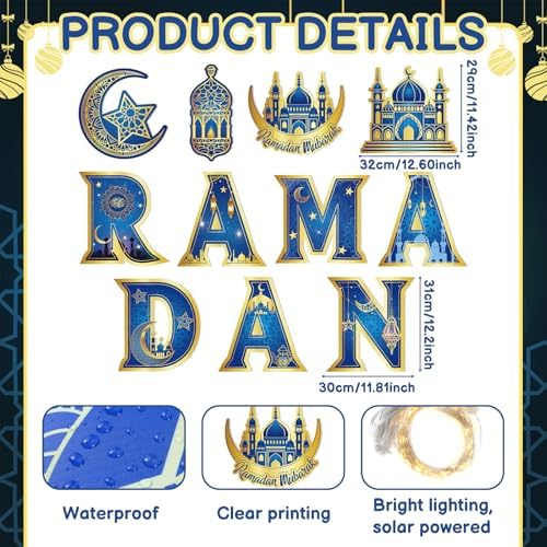 11 Pcs Ramadan Mubarak Yard Signs 7 Letters 4 Signs with Stakes and 2 Rolls String Lights Eid Mubarak Party Yard Sign Lawn Decorations Party Decorations for Home Front Door Garden Decor - Image 2