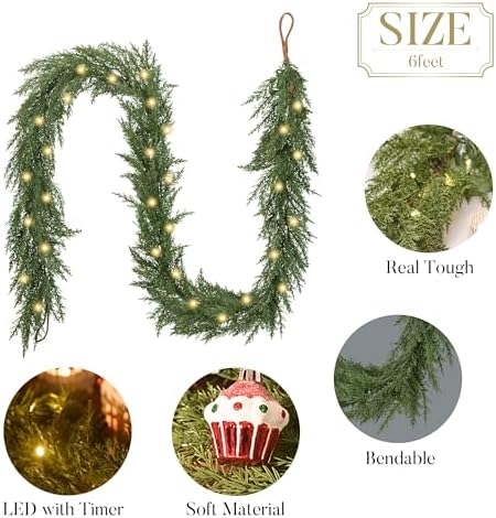 Valery Madelyn 6 Ft Artificial Norfolk Pine Garland for Mantle, Real Tough Christmas Cedar Garland with Light, Lighted Winter Pine Branches for Home Stairs Fireplace Table Indoor Outdoor Holiday Decor - Image 6