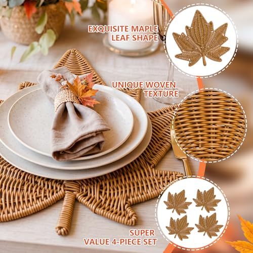 4pcs Rattan Maple Leaf Placemats for Farmhouse Thanksgiving Table - Image 3