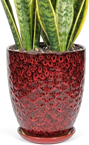 11.8 Inch Flower pots for Indoor Plants,Ceramic Planter with Saucer Drainage Leak-Proof Mesh Gardening Gloves (Diamond Red) by Unknown
