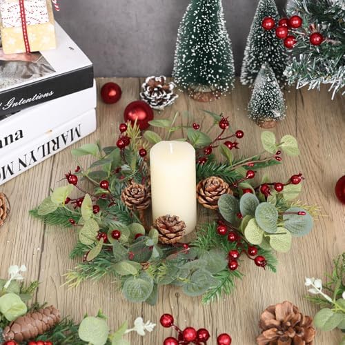 6 PCS Christmas Mini Cabinet Wreath for Kitchen with Ribbon Artificial Eucalyptus Cedar Hanging Garland with Red Berries Pine Cones for Swag Table Centerpiece Door Window Chair Wall Winter Decor - Image 4