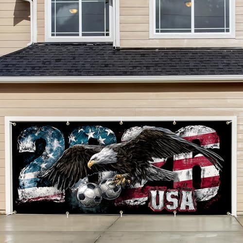 Soccer Garage Door Banner Decorations, 7x16ft Large Ameri can Flag Bald Eagle Football Mural, USA Soccer Cup Outdoor Decor for Double Garage Door, 2026 Tournament Party Supplies Wall Backdrop by THISFIND