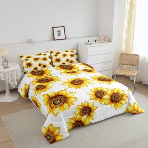 Sunflower Queen Size Bedding Set 3D Floral Botanical Comforter Set Yellow Flowers Bedding Comforter Sets Pastoral Sunflower Decor For Home Quilt Stylish Garden Theme Bedding With 2 Pillowcases, White - Image 3