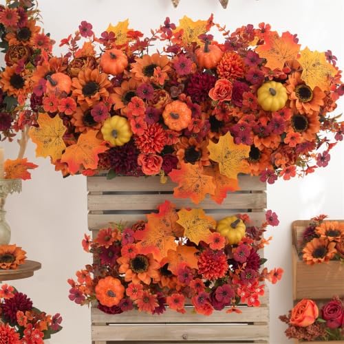 Mixed 12 Pcs Fall Artificial Flowers, Sunflower Peony Bouquet with Maple Leaves Pumpkins, Autumn Faux Floral Arrangements for Table,Thanksgiving, Halloween, Porch Planters, Garden Patio Outdoors Decor - Image 5