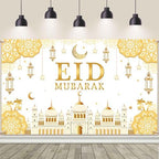 AIBIIN Eid Mubarak Backdrop Banner White Gold Themed Party Decorations for Eid Mubarak Ramadan Party Supplies Banner Photo Booth Prop 94.48 x 70.8 Inch by AIBIIN