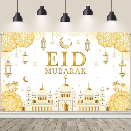AIBIIN Eid Mubarak Backdrop Banner White Gold Themed Party Decorations for Eid Mubarak Ramadan Party Supplies Banner Photo Booth Prop 94.48 x 70.8 Inch by AIBIIN
