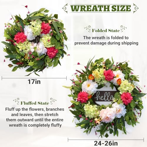 24" Summer Wreaths for Front Door with Hello Sign,Hydrangea Wreath with Pink Dahlia Flowers Eucalyptus.Summer Wreath for Front Door,Porch,Farmhouse,Wall,Window Indoor Outdoor Decor - Image 6