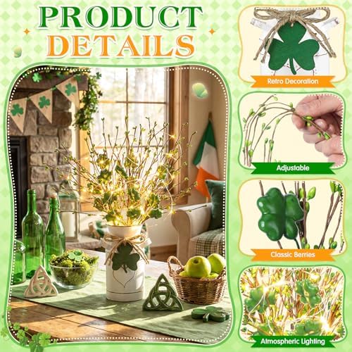 Tioncy 1 Set St. Patrick's Day Table Centerpieces Artificial Berry Stems Shamrock Flower Pick with Metal Vase and String Light Rustic Farmhouse Irish St Patrick's Day Decorations for Home Office Desk - Image 3