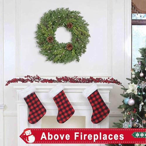 24 Inch Real Touch Lush Christmas Wreaths for Front Door with White Berries/Pine Cone Outdoor Christmas Decorations Winter Wreath Cypress Wreath for Windows Indoor Outside Xmas Home Decor Holiday - Image 2